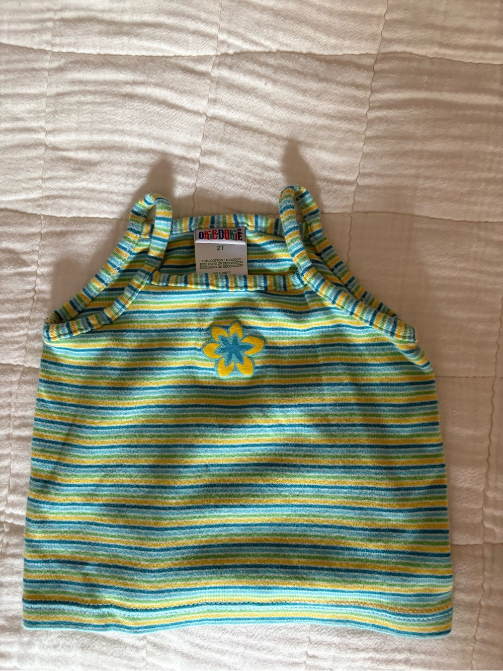 okie dokie Yellow, Teal & White Striped Tank Top with Flower Graphic